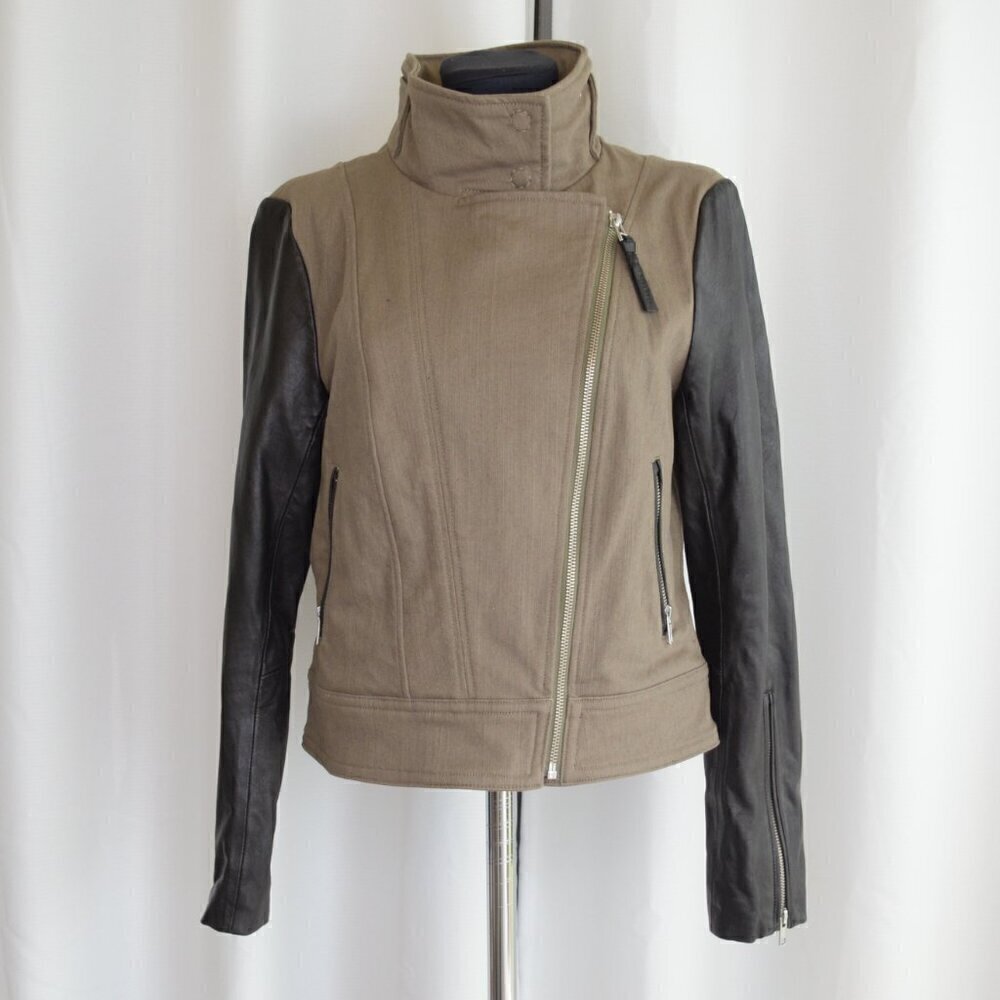 Mackage Minella Leather Biker Moto Jacket Olive Green Black Sz M - Picture 3 of 10